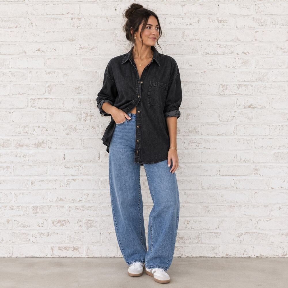 Faherty Button Down Denim Shirt Womens Size XL Washed Black Minimalist Layer